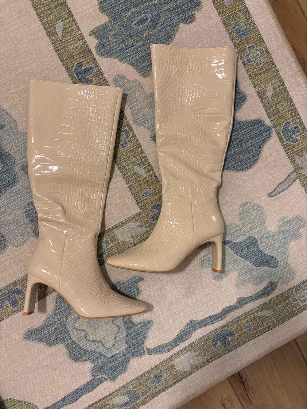 New York & Company Cream Croc-Embossed Over-the-Knee Stiletto Boots